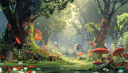 Fairy Tale Enchanted Forest: An enchanted forest set with magical creatures, whimsical flora, and fairy tale settings for fantasy adventures. - obrazy, fototapety, plakaty
