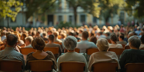 A crowd of people attending a lecture outdoors in a style that merges elegance, emotive faces, bokeh panorama, and candid moments captured.
