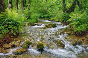 A Stream in a Lush Forest, Conveying the Tranquility and Purity of Nature, Suggesting an Escape from Urban Life