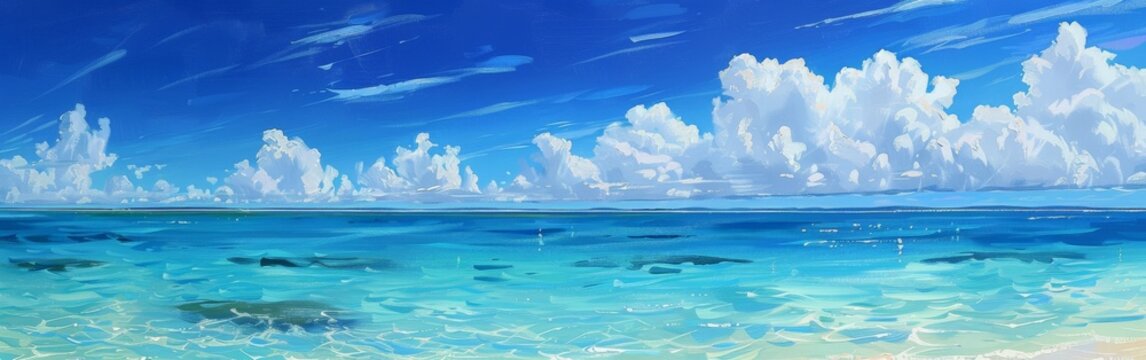 Beach Painting With Blue Water and Clouds