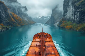 A cargo ship gliding through a breathtaking fjord, surrounded by towering cliffs and serene waters, with crew members on deck ensuring the safe passage
