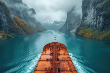 Foto op Canvas A cargo ship gliding through a breathtaking fjord, surrounded by towering cliffs and serene waters, with crew members on deck ensuring the safe passage © create interior