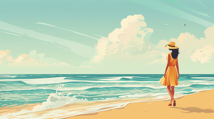 砂浜を歩く女性のイラスト