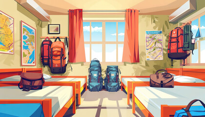 Travel Adventure Backpacker Hostel: A backpacker hostel set with dormitory beds, travel maps, and adventure gear for travel shows - obrazy, fototapety, plakaty