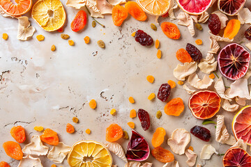 Flat lay arrangement showcases an assortment of vibrant dried fruits, offering a colorful and nutritious display