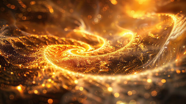 A beautiful golden abstract image with a wave of bright ohms in a style that merges nightscapes, glitter, tilt shift, spirals, and pictorial space.
