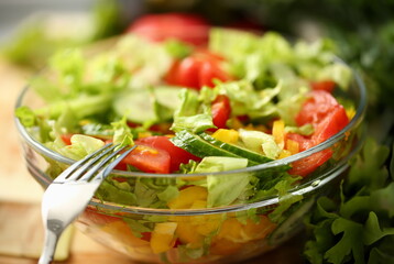Silver fork in plate mixes salad fresh vegetables seasoned with olive oil. Raw food and vegetarian...
