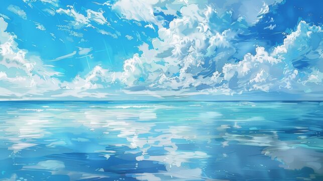 Painting of the Ocean With Clouds in the Sky