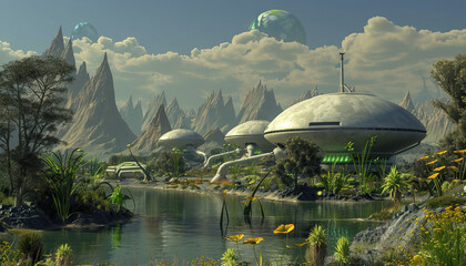 Alien Planet Exploration Base: An alien planet base set with alien flora, exotic landscapes, and sci-fi technology for space exploration shows