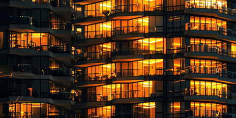 Buildings lit up at night with an orange light in a style that includes highly polished surfaces, golden light, and contemporary glass. - obrazy, fototapety, plakaty