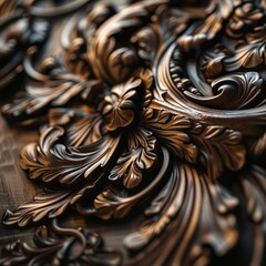 The woodwork is intricate and detailed, depicted in a style that merges leaf patterns, dark brown and beige tones, wood sculptor, and baroque chiaroscuro.