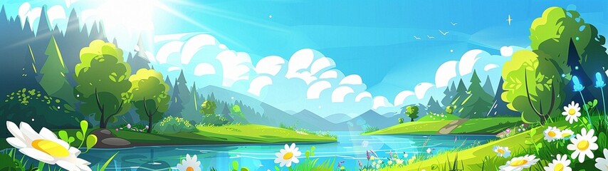 A large-format background with a spring and summer landscape. The awakening of Nature