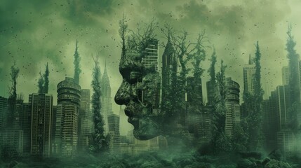 A futuristic cityscape poster in a style that merges depictions of human form, made of vines, dark and gritty cityscapes, and pixelated chaos.