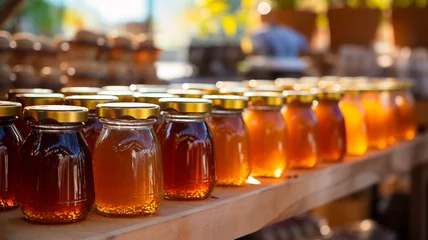Fototapete Rund A row of artisanal honey bee jars, etched with bee and honeycomb designs, basks in the warm morning light, symbolizing the pure sweetness of nature. © Alina Nikitaeva