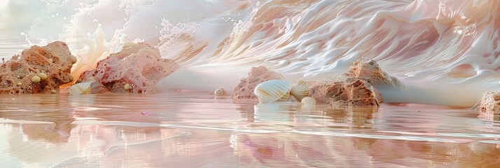 Beach reflections with rocks and shells in a style that includes fluid networks and serene compositions. - obrazy, fototapety, plakaty