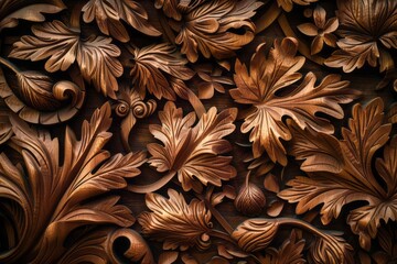 A beautiful wall covered in wood carvings in a style that includes dark brown and dark beige tones, close up view, and lush baroque still lifes. - obrazy, fototapety, plakaty