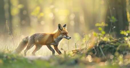 wildlife photo of a red fox trotting through forest undergrowth in spring dawn mist narrow dof
