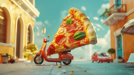 Huge Pizza Slice Towering Over a Pizza Delivery Scooter, an oversized pizza slice towering over a...