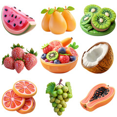 Set of tropical fruits on transparent background. Food and fruit concept. Cute 3D cartoon illustration for set, icon, collection, elements for design