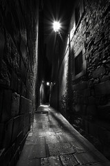Deserted alley at night, single streetlight casting shadows, wide angle, noir style, mysterious - obrazy, fototapety, plakaty