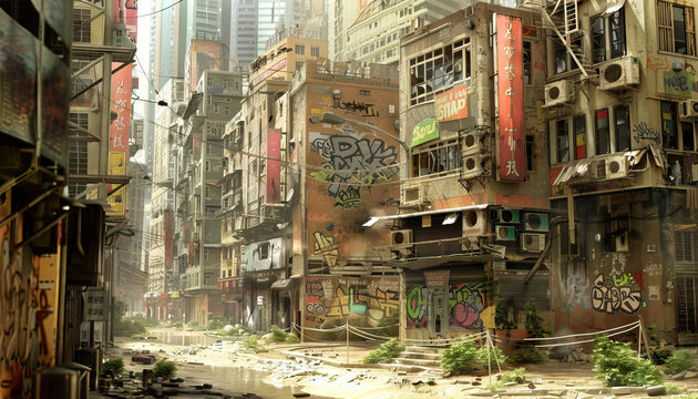 Dystopian Future City A dystopian city set with rundown buildings, dystopian graffiti, and futuristic technology for dystopian-themed shows