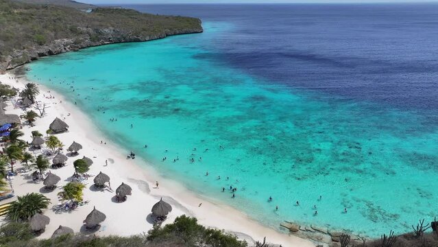 Cas Abao Beach At Willemstad In Netherlands Curacao. Island Beach. Blue Sea Landscape. Willemstad At Netherlands Curacao. Tourism Background. Nature Seascape.