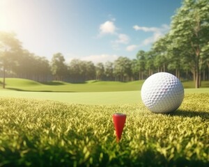 Green grass field with golf ball and tee surrounded by trees 3D illustration of a peaceful golf course landscape - Powered by Adobe