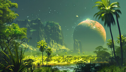 Science Fiction Alien Planet An alien planet set with alien landscapes, strange flora and fauna, and futuristic alien civilizations for sci-fi adventures - obrazy, fototapety, plakaty