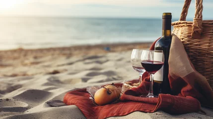 Poster Blanket with picnic basket bottle of wine and glass © Artistic