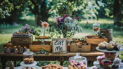 A rustic wedding candy bar with wooden boxes - obrazy, fototapety, plakaty