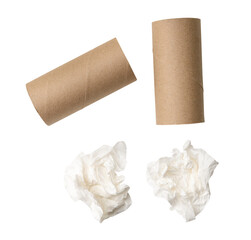 Top view set of screwed or crumpled white tissue paper ball with cores isolated with clipping path in png file format