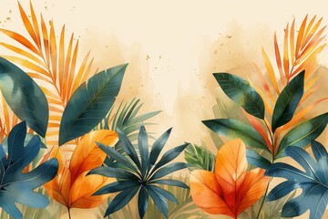 Abstract watercolor painting with golden elements and textured background. Hand drawn plants. Tropical, Flowers. Leaves. Prints, wallpapers, posters, murals.