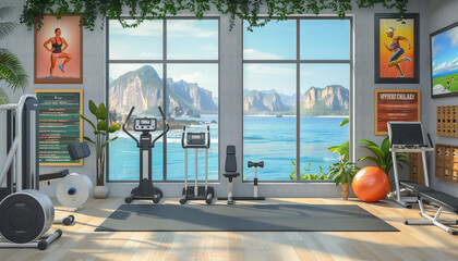 Health and Fitness Talk Show Gym A fitness-inspired set with workout equipment, motivational posters, and a backdrop featuring scenic workout locations.