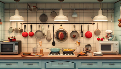 Culinary and Food Talk Show Kitchen": A culinary-themed set with kitchen appliances, cooking utensils, and a backdrop featuring culinary delights