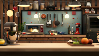 Culinary and Food Talk Show Kitchen": A culinary-themed set with kitchen appliances, cooking utensils, and a backdrop featuring culinary delights