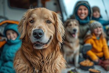 A family excitedly preparing their RV for a cross-country road trip, with children organizing snacks, adults securing bikes, and the family dog eagerly awaiting departure
