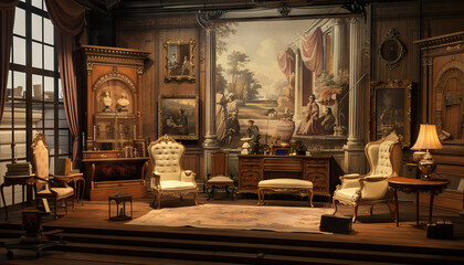 History and Culture Talk Show Studio": A historical set with period furniture, antique decor, and a backdrop featuring historical artifacts and scenes