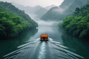 A ferryboat crossing a tranquil river with a backdrop of lush green hills