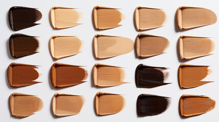 Swatches of different shades and types of liquid foundation, from light to dark skin tones.