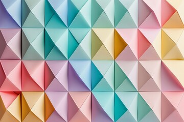 Colorful geometric background with 3D paper triangles in pastel shades of red, blue, green, yellow and pink