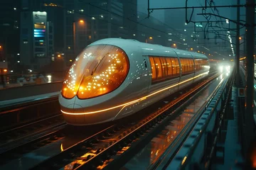 Zelfklevend Fotobehang A futuristic magnetic levitation (maglev) train gliding above its track, silent and fast © create