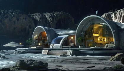 Space Colony Habitat: A space colony set with futuristic living quarters, zero-gravity zones, and space exploration missions for space colonization shows