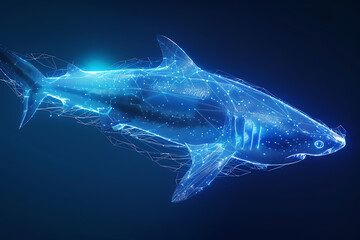 wireframe shark against radiant translucent backdrop, perfect for futuristic designs and underwater concepts. - obrazy, fototapety, plakaty