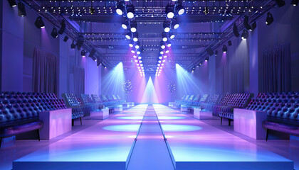 Fashion Runway Extravaganza: A glamorous runway set with runway lights, VIP seating, and high-fashion showcases for fashion events