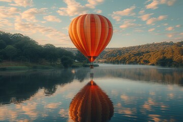 A hot air balloon drifting gracefully above a serene lake, reflected in the water