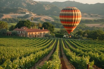 A hot air balloon floating over a picturesque vineyard, grapevines below