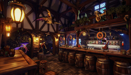 Fantasy Tavern Inn: A fantasy tavern set with medieval decor, ale barrels, and mythical creatures for fantasy role-playing shows - obrazy, fototapety, plakaty