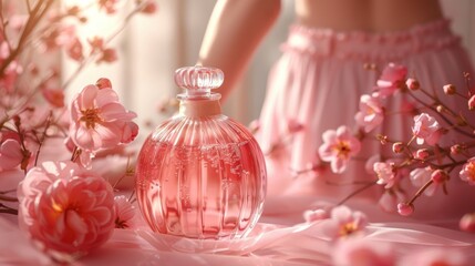 Perfume bottle on pink background with copy space