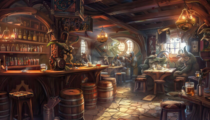 Fantasy Tavern Inn: A fantasy tavern set with medieval decor, ale barrels, and mythical creatures for fantasy role-playing shows - obrazy, fototapety, plakaty