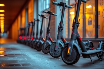 A line of electric scooters parked neatly in front of a modern office building - Powered by Adobe